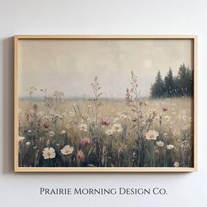Pink and White Wildflower Landscape Print, Neutral Vintage Oil Painting, Farmhouse Decor, Nursery, Digital Art, Instant Download, Printable