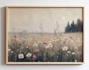 Pink and White Wildflower Landscape Print, Neutral Vintage Oil Painting, Farmhouse Decor, Nursery, Digital Art, Instant Download, Printable