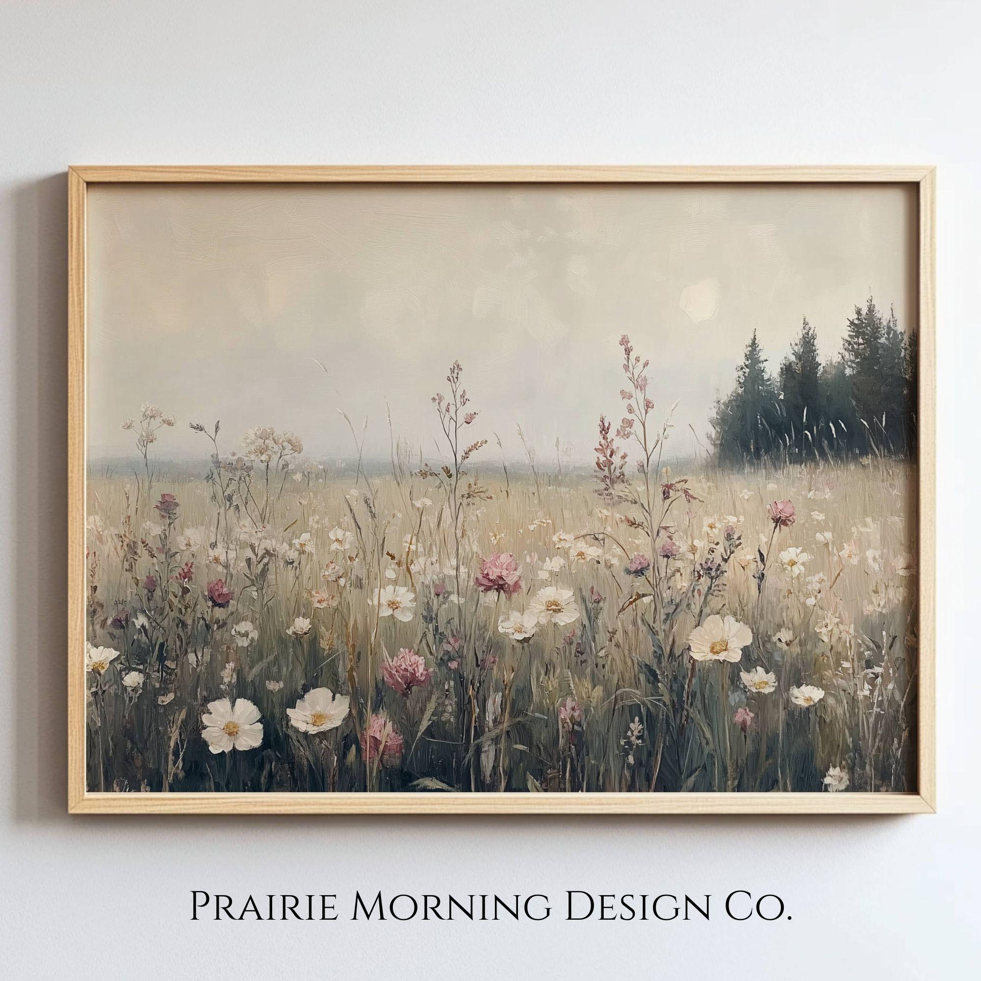 油絵 絵画 【野花の風景】 ピンクと白の野花の風景画、ニュートラルなヴィンテージ油絵、農家風