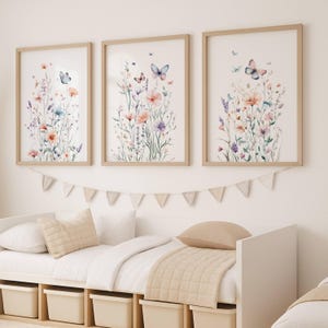 Watercolor Wildflower and Butterflies Prints, Botanical Bedroom Decor, Boho Floral Nursery Wall Art, Instant Digital Download Printable Gift