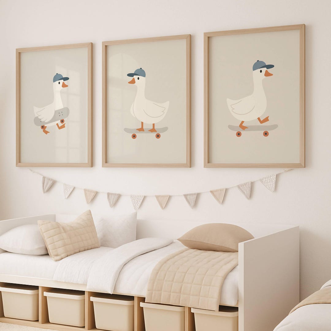 Skateboarding Goose Nursery Wall Art Set of 3 | Neutral Animal Prints ...