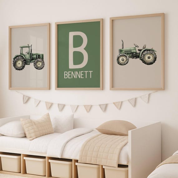 Set of 3 Vintage Tractor Nursery Prints, Personalized Name & Initial Wall Art, Green Farm Themed Boys Room Decor, Custom Digital Download