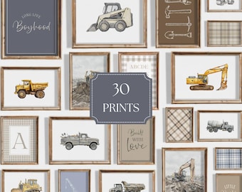 Vintage Construction Nursery Wall Art Gallery, Construction Truck Wall Art, Little Builder Prints, Boy Toddler Posters, Digital Download