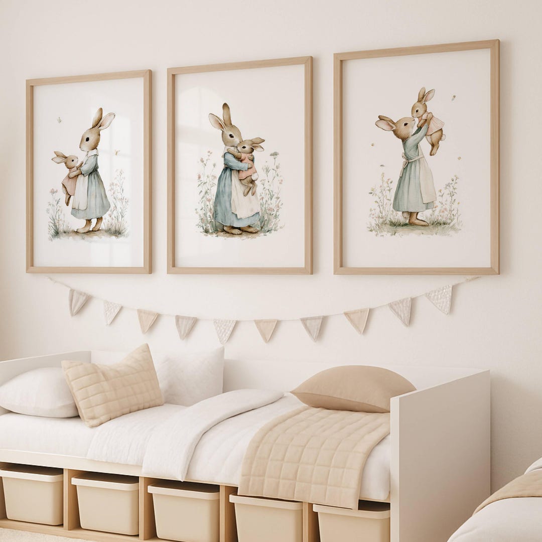 Mom and Baby Bunny Nursery Wall Art Set of 3, Mother Daughter Prints ...