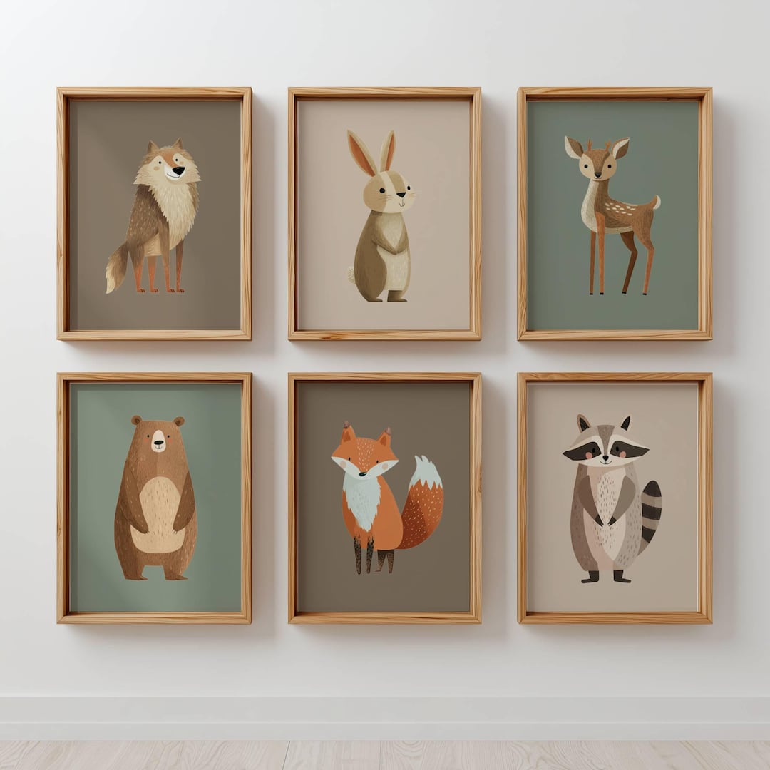 Woodland Nursery Wall Art Set of 6, Forest Animal Prints Bear Fox Deer ...