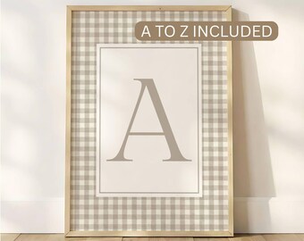 Personalized Initial Wall Art Print A-Z | Beige Gingham Nursery Decor | Digital Download Monogram Letter Print | Baby Nursery Wall Art