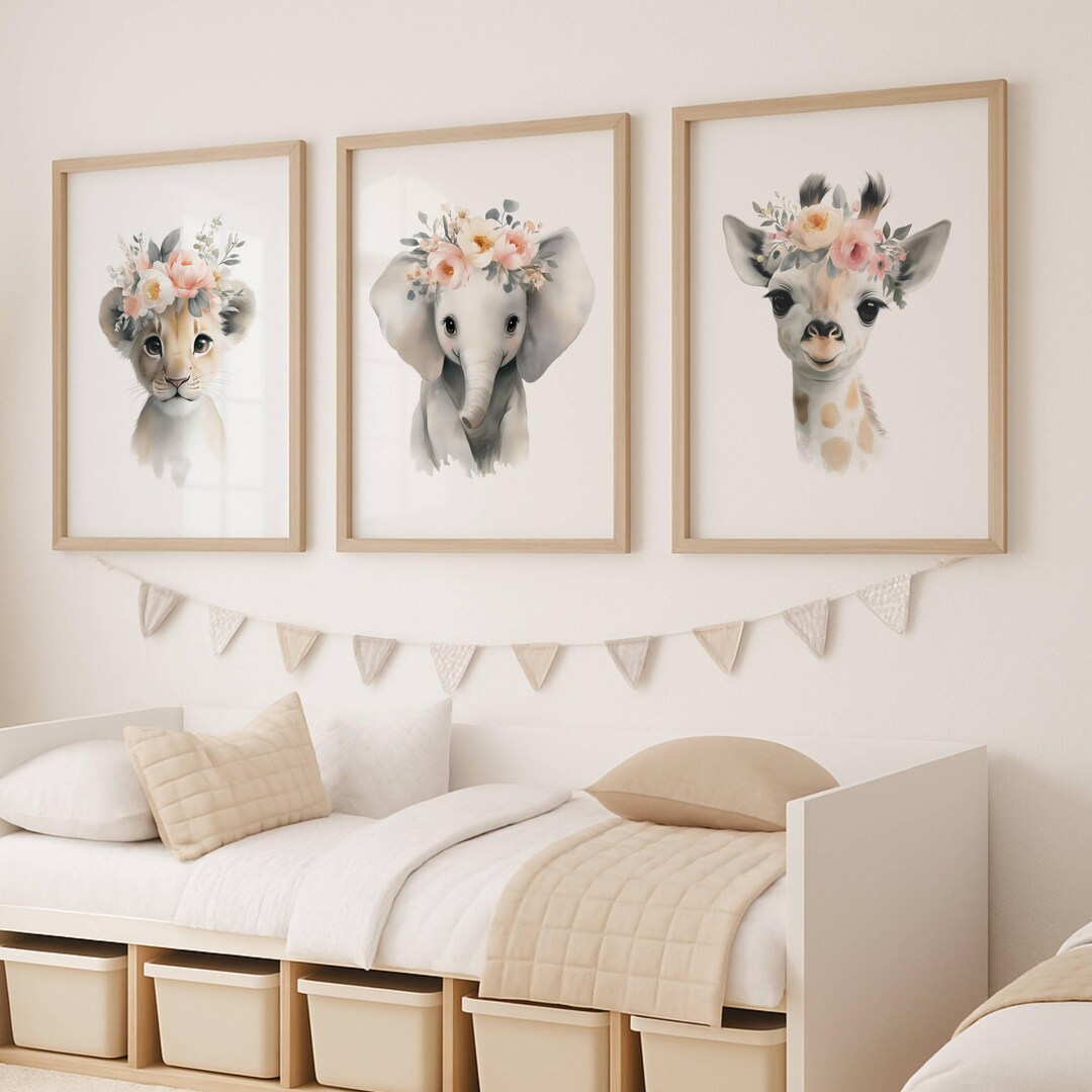 Safari Animal Nursery Wall Art Set of 3, Elephant Giraffe Lion Prints ...