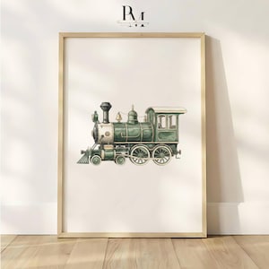 Vintage Green Train Nursery Print, Watercolor Steam Locomotive Wall Art, Boy Nursery Decor, Transportation Nursery, Digital Download