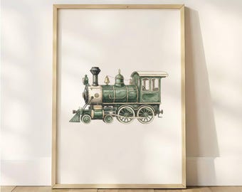 Vintage Green Train Nursery Print, Watercolor Steam Locomotive Wall Art, Boy Nursery Decor, Transportation Nursery, Digital Download