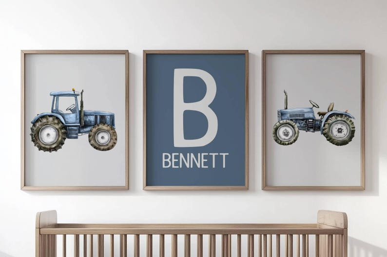 May include: Three framed prints featuring a blue tractor illustration and a personalized initial and name. The central print displays a large white letter "B" and the name "BENNETT" on a blue background. The other two prints show a blue tractor.