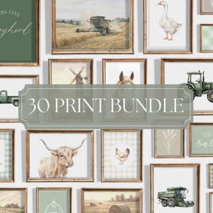 May include: A collection of thirty framed wall art prints featuring farm-themed illustrations including a combine harvester, a goose, a green truck, a horse, a highland cow, a rooster, and a tractor, with text reading Long Live Boyhood and 30 Print Bundle.
