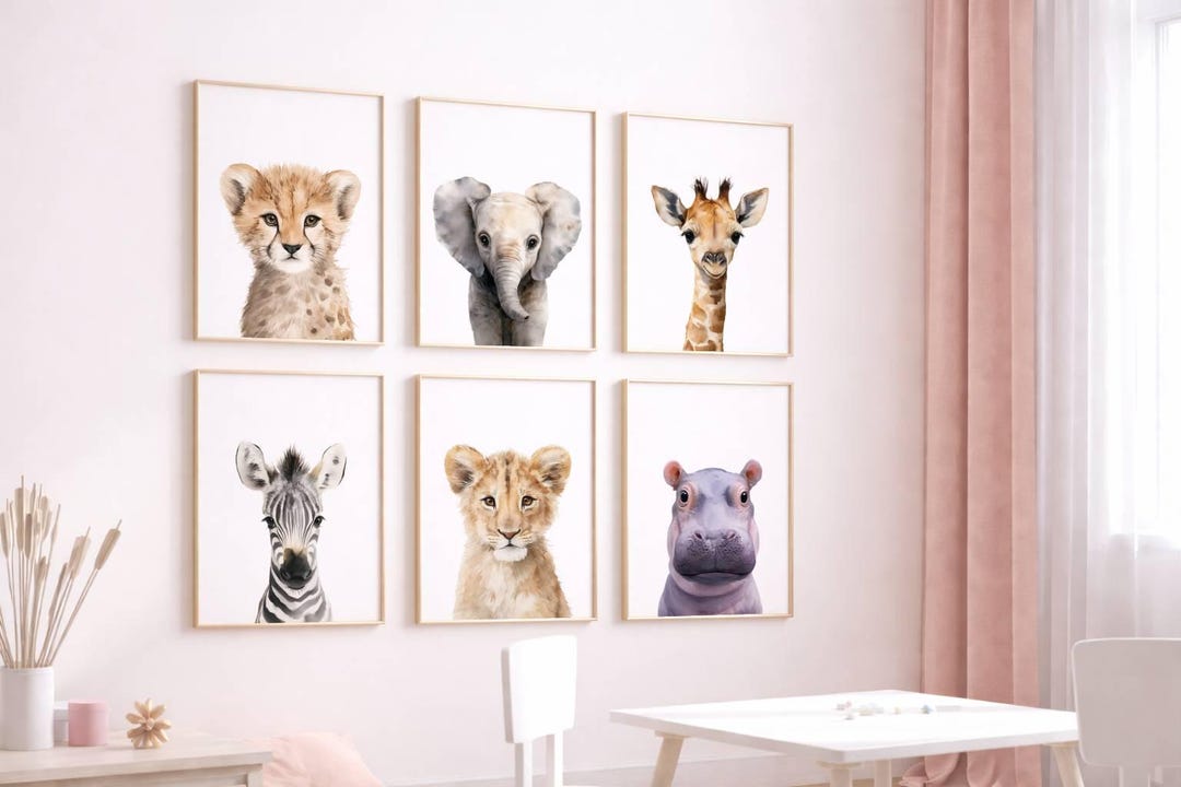 Safari Nursery Wall Art Set of 6, Watercolor Baby Animal Prints, Jungle ...