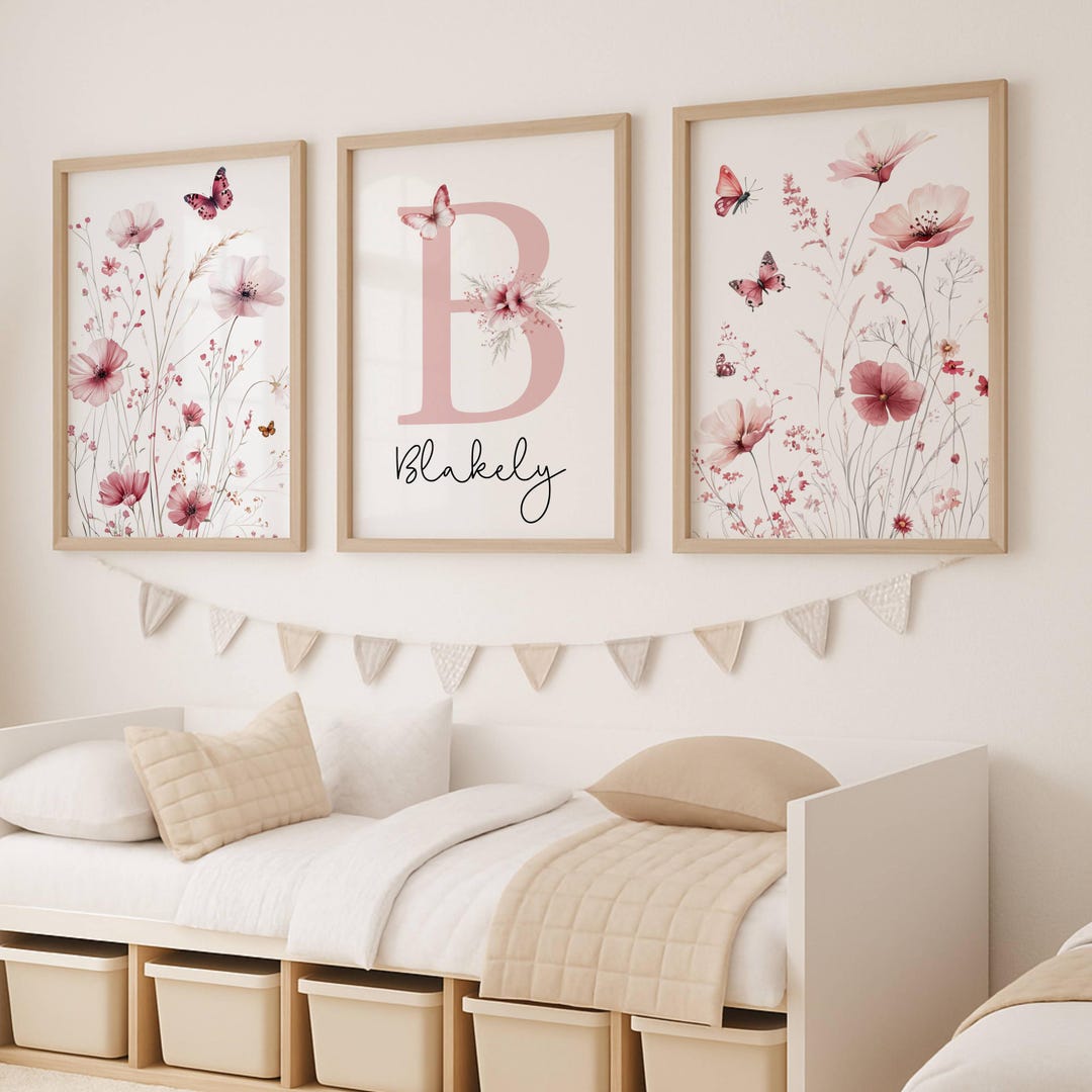 Personalized Pink Wildflower Nursery Prints, Custom Name & Initial ...