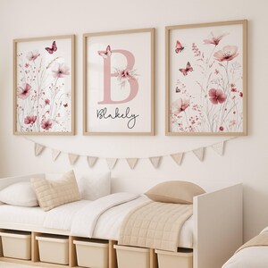 Personalized Pink Wildflower Nursery Prints, Custom Name & Initial, Butterfly Watercolor Art Set of 3, Whimsical Floral Digital Download