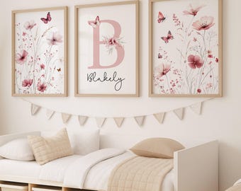 Personalized Pink Wildflower Nursery Prints, Custom Name & Initial, Butterfly Watercolor Art Set of 3, Whimsical Floral Digital Download