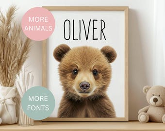 Custom Baby Name Woodland Animal Print, Personalized Name Digital Art, Gender Neutral Baby Room Gift, Choose Animal, Kids' Room, PRINTABLE