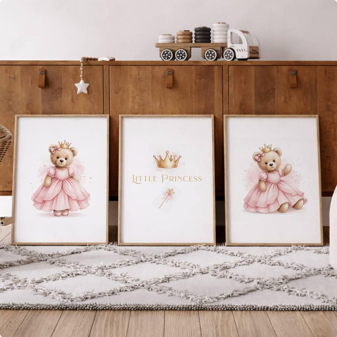 Princess Teddy Bear Nursery Wall Art Set of 3, Baby Girl Nursery Prints ...