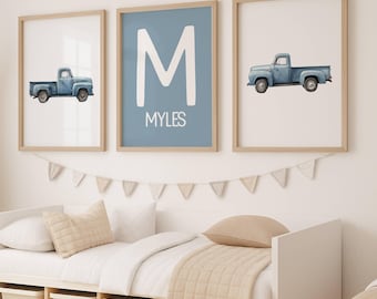Set of 3 Nursery Prints, Soft Blue Vintage Truck Wall Art, Personalized Name & Initial Center Print, Baby Boy Nursery, Baby Shower Gift