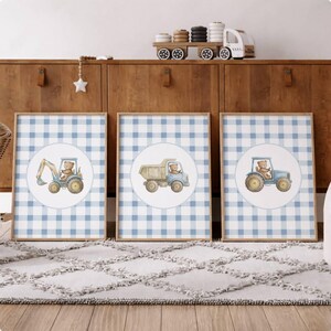 Blue Construction Nursery Prints, Baby Boy Wall Art, Tractor Dump Truck Excavator, Farm Nursery Decor, Gingham Kids Room, Digital Download