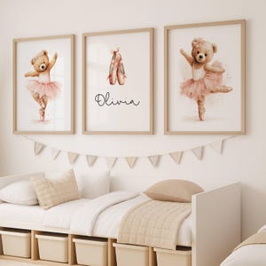 Ballerina Teddy Bear Nursery Prints Set of 3, Custom Name Center Print with Ballet Slippers, Girl Room Wall Art, Digital Download, Printable