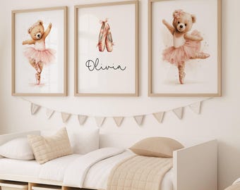 Ballerina Teddy Bear Nursery Prints Set of 3, Custom Name Center Print with Ballet Slippers, Girl Room Wall Art, Digital Download, Printable
