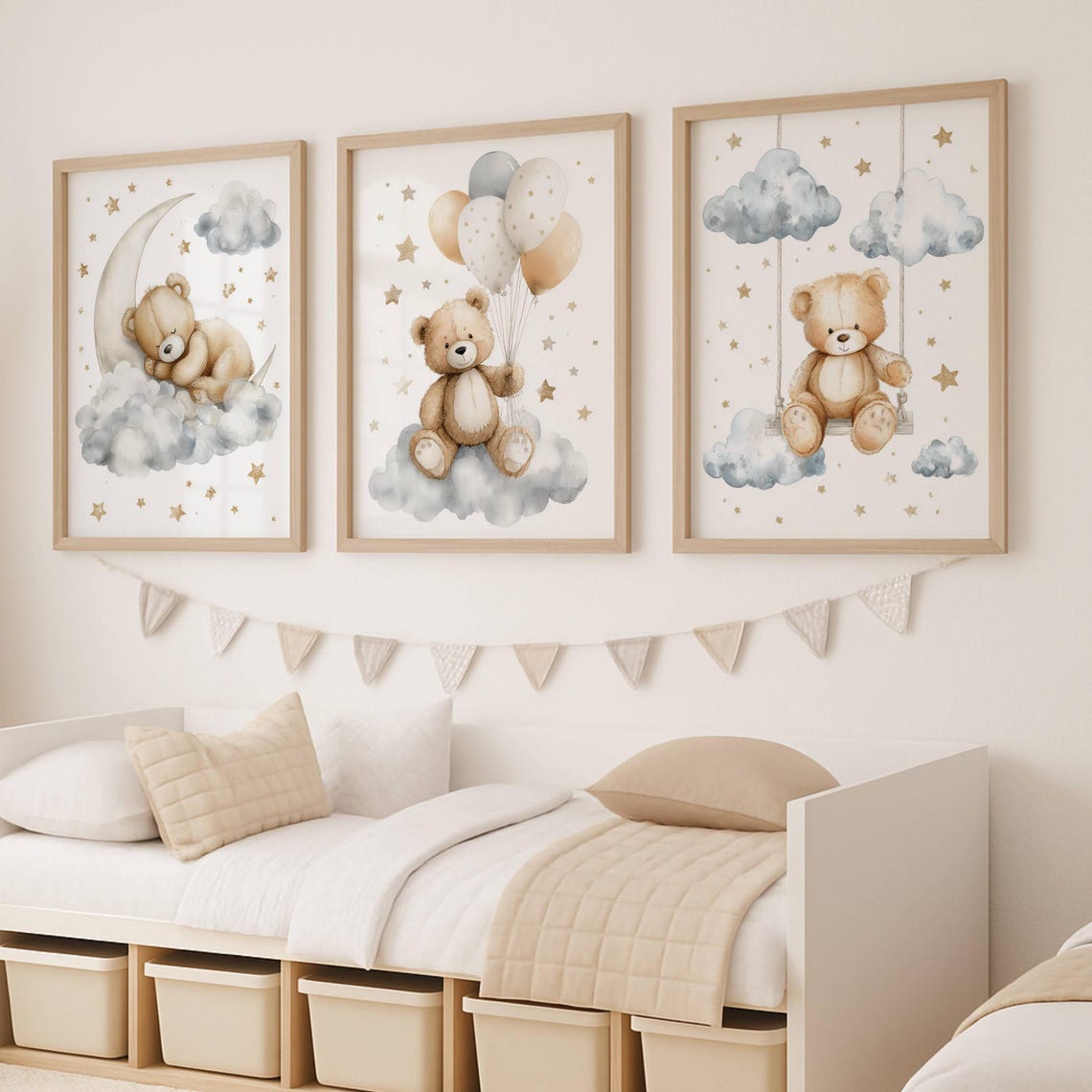 Teddy Bear Nursery Wall Art Set of 3, Moon, Swing & Balloons Prints ...
