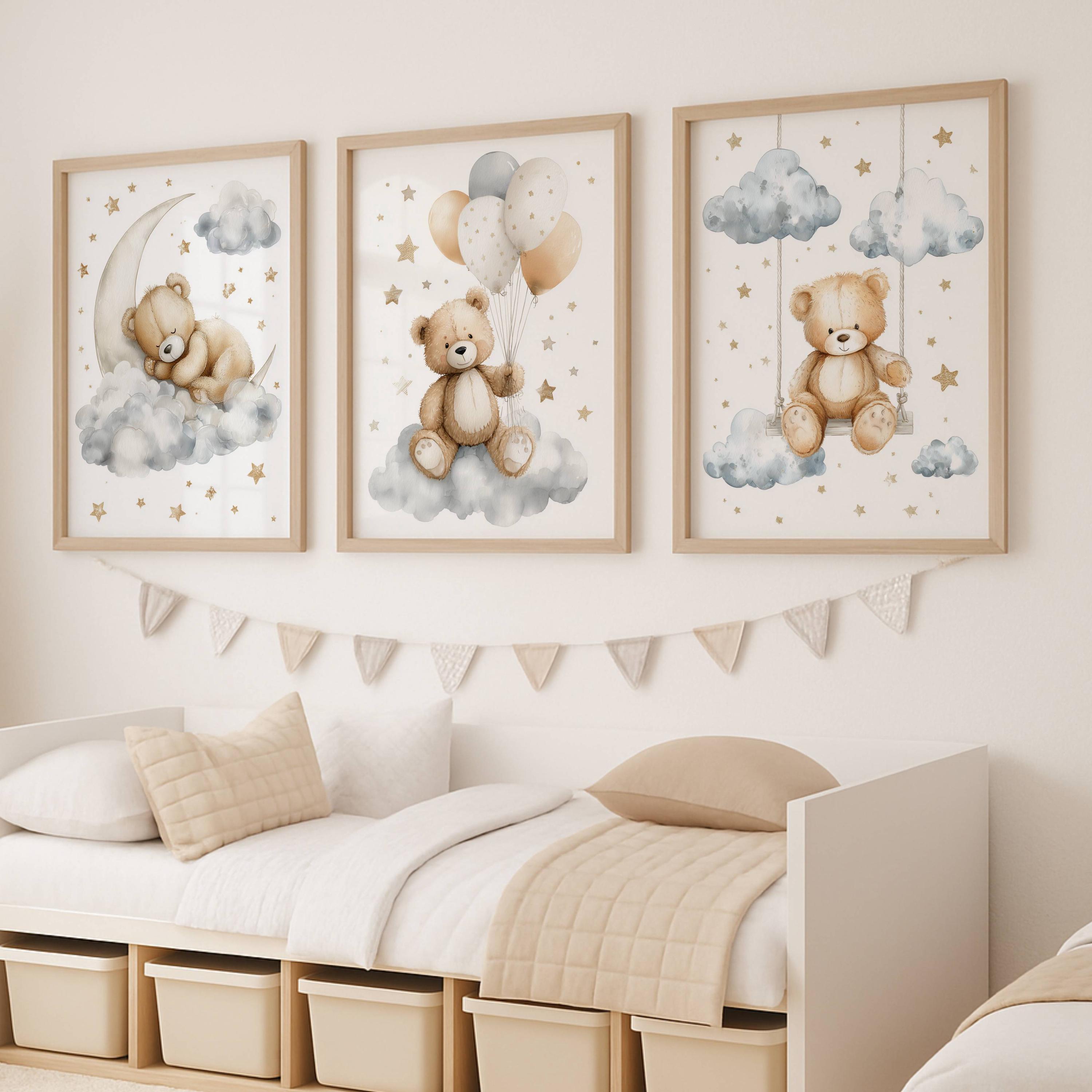 Teddy Bear Nursery Wall Art Set of 3, Moon, Swing & Balloons Prints ...