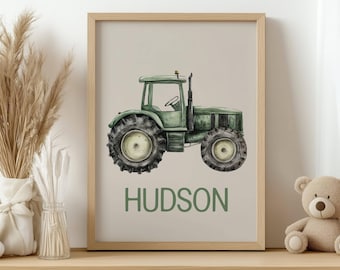 Personalized Name Vintage Green Tractor Nursery Print, Baby Boy Nursery Wall Art, Farm Theme Digital Download, Toddler Bedroom Decor
