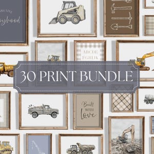 Puede incluir: Una colección de láminas de pared enmarcadas con vehículos de construcción, herramientas, letras del alfabeto y patrones de cuadros. Las impresiones incluyen textos como Long Live Boyhood, 30 Print Bundle, Built With Love y Little Builder.