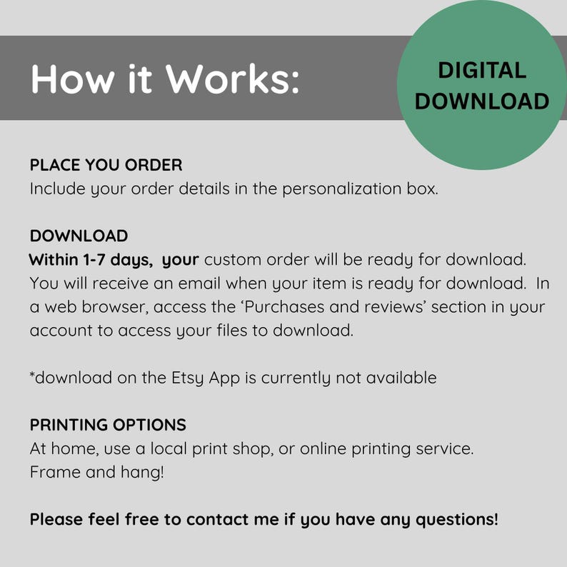 May include: A digital download graphic with instructions titled "How it Works." The text explains the ordering, downloading, and printing process. A green circle reads "DIGITAL DOWNLOAD."