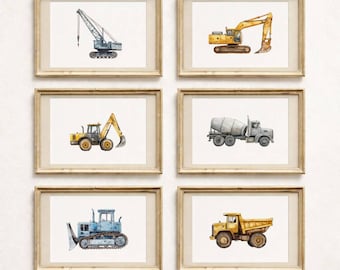 Construction Vehicle Nursery Wall Art Set of 6, Watercolor Construction Trucks Prints, Digger Bulldozer Dump Truck Crane, Digital Download