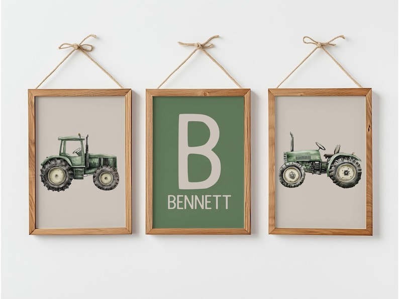 May include: Three framed prints with a farm theme. Two prints feature green tractors on a beige background. The centre print has a green background with the letter "B" and the name "BENNETT" in white. The frames are wood.