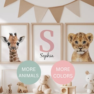 Custom Nursery Print Set of 3 – Digital Download Wall Art, Personalized Name & Initial Letter Color, Choose Farm, Safari or Woodland Animals