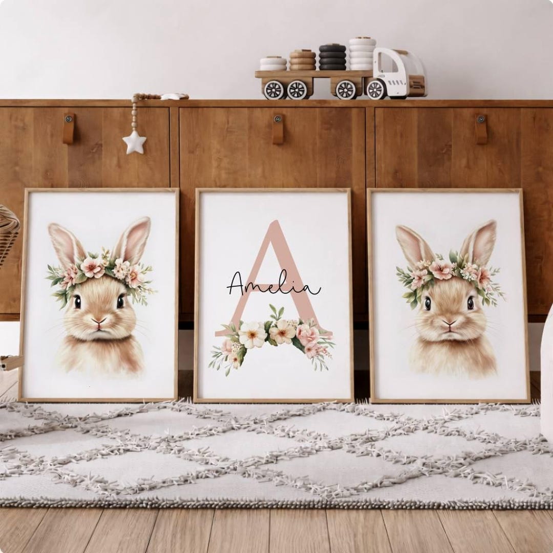 Personalized Bunny Nursery Wall Art Set of 3, Floral Bunny Prints With ...