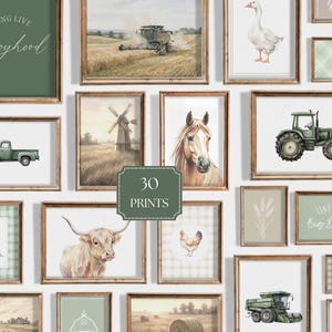 May include: A collection of 30 framed prints with a rustic farmhouse theme. The artwork includes images of a tractor, horse, windmill, truck, and other farm-related illustrations. The color palette features greens, browns, and whites.