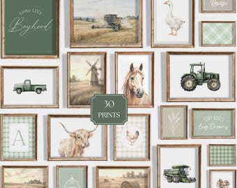 Vintage Farm Nursery Wall Art Set of 30 Prints, Green Tractor Prints Gallery Wall, A–Z Initial Included, Printable Decor, Digital Download