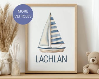 Custom Vehicle Print with Name, Boys Room Wall Art, Blue Beige Nursery Decor, Truck Car Train Airplane Bicycle Sailboat, Digital Download