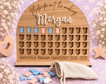 May include: An arched wooden plaque with the engraved text Midwife in the making and the name Morgan in raised white script. It features rows of cutouts for small baby-shaped tokens, with some blue and pink pieces inserted. The base text reads SHEFFIELD HALLAM UNIVERSITY 2026-2029.