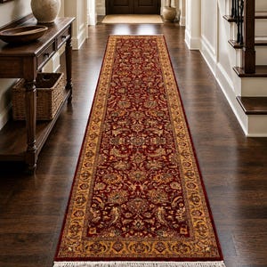 Extra lange loper van 3,6 meter, rode Perzische halloper voor smalle gangen, handgeknoopte traploper van merinowol, Kashan bloemenpatroon