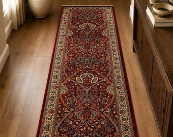Handmade Red Persian Runner Rug 2.5x8 feet | Fine Merino Wool Floral Corridor Carpet.