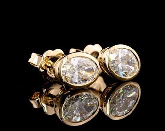 14K Solid Gold Bezel Lab Grown Studs, 4 CTW EF/VS Yellow Gold Oval Shape Studs Earring, Lab Grown Diamond Stud Earring, Wedding Jewelry