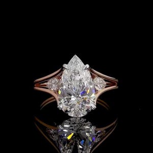 3.48 CTW Pear Cut Lab Grown Diamond Engagement Ring, Three Diamond Ring, Solid 14K Rose Gold Ring, Wedding Gift For Her, Birthday Gift