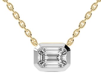 Solitaire East-West Emerald Cut Lab Grown Diamond Necklace Necklace, Solid 14k Gold Minimalist Anniversary Necklace, Solid Gold Necklace