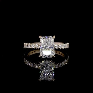 4.30 CTW Radiant Cut Lab Grown Diamond Wedding Ring, Engagement Gift For Her, Hidden Halo Diamond Ring, Solid 14k Yellow Gold, 3/4 Eternity