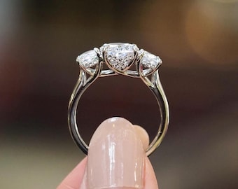 3.80 TW Oval Cut Lab Grown Anniversary Ring, Beautiful Three Stone Diamond Ring, Cathedral Setting Engagement Gift Ring, Birthday Gift