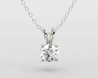 Collar de diamantes cultivados en laboratorio de talla redonda de 2,0 quilates, collar de oro blanco macizo de 14 k, delicado colgante redondo minimalista, collar de diamantes cultivados en laboratorio para mujer