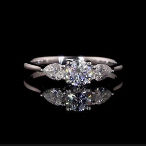1.50 CT Round And Pear Cut Lab Grown Diamond Engagement Ring, Three Stone Diamond Ring, Solid 14K Yellow Gold Ring, Anniversary Gift For Her
