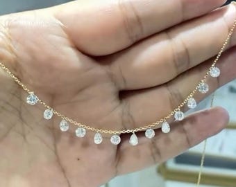 2.05 CTW Station Necklace, 14k Solid Yellow Gold Diamond Station Necklace, Round & Pear Cut Lab Grown Diamond Necklace, Anniversary Gift