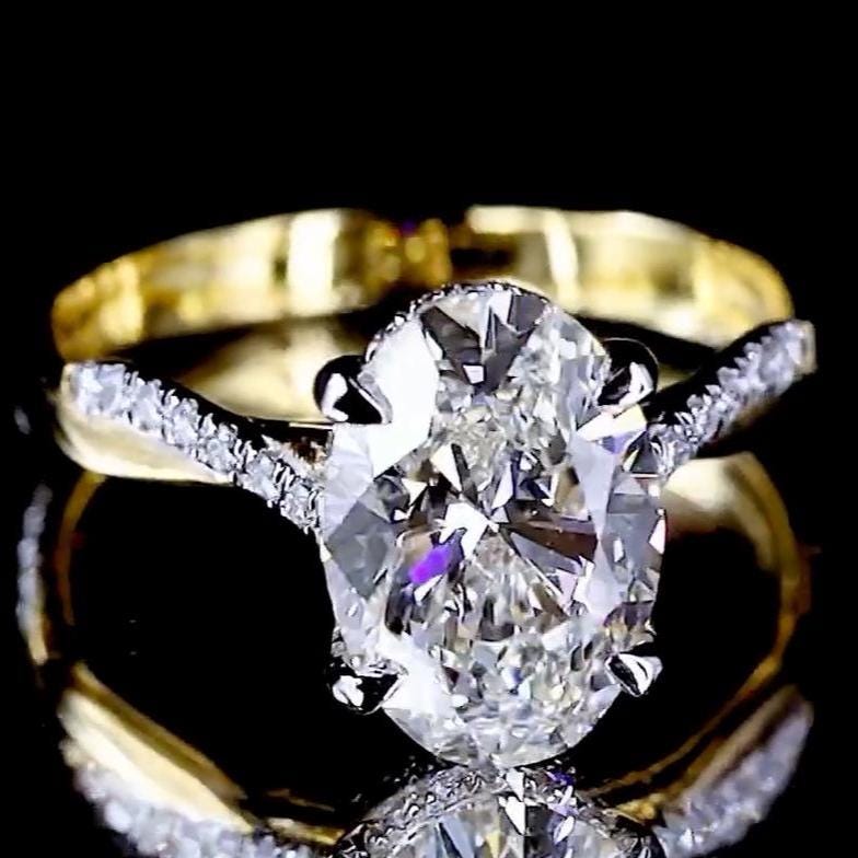 3.60 CTW Oval Cut Lab Grown Diamond Engagement Ring, Double Hidden Halo Diamond Ring, Solid 14K Two Tone Diamond Ring, Anniversary Gift