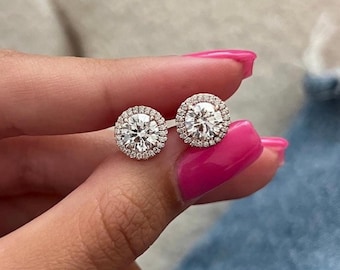 4.0 CT Round Brilliant Lab Diamond Earrings, Wedding Earrings, Diamond Studs for Her, Halo Earrings EF/VS Lab Created Diamond Stud Earrings